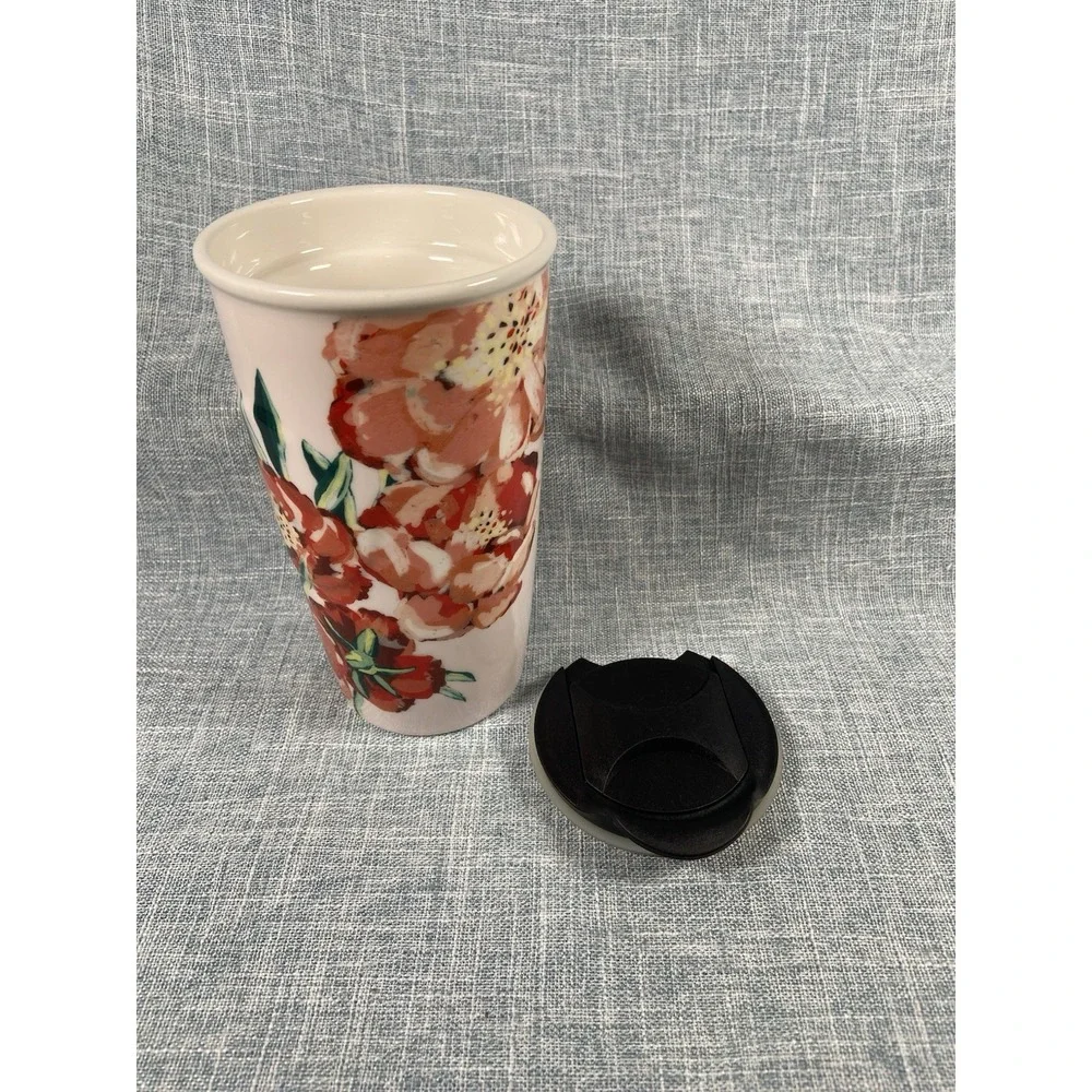 Starbucks 2015 Ceramic Travel Mug Tumbler Floral Poppy 10 oz. Black Plastic Lid